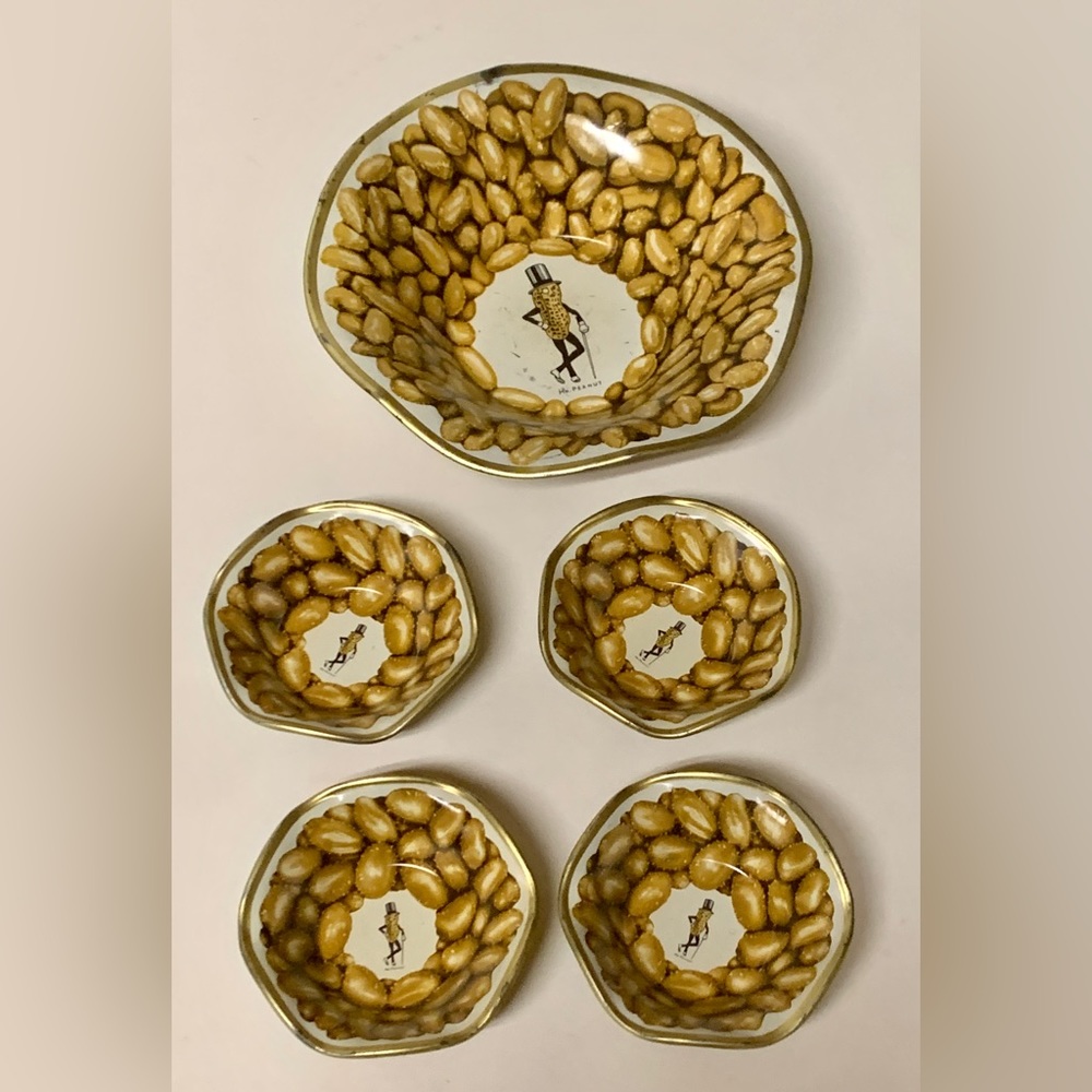 Mid Century Vintage Modern PLANTERS Mr Peanut Tin Metal Set of 5 Peanut Dishes
